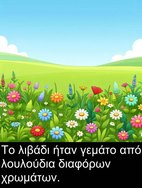 γεμάτο: Το λιβάδι ήταν γεμάτο από λουλούδια διαφόρων χρωμάτων.