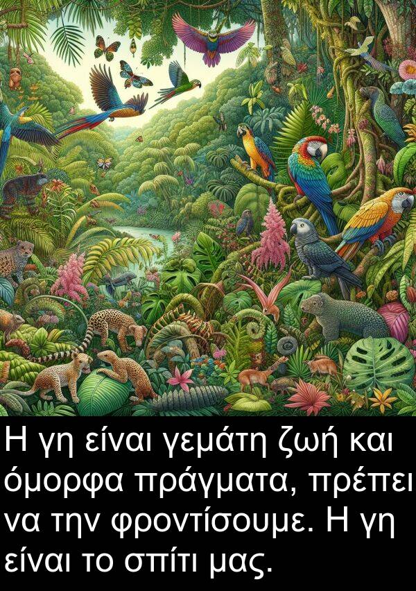 φροντίσουμε: Η γη είναι γεμάτη ζωή και όμορφα πράγματα, πρέπει να την φροντίσουμε. Η γη είναι το σπίτι μας.