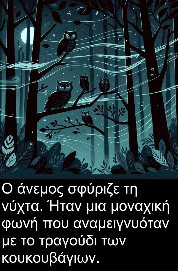 φωνή: Ο άνεμος σφύριζε τη νύχτα. Ήταν μια μοναχική φωνή που αναμειγνυόταν με το τραγούδι των κουκουβάγιων.