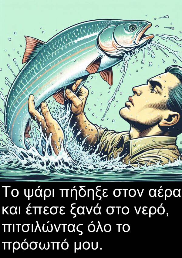 ψάρι: Το ψάρι πήδηξε στον αέρα και έπεσε ξανά στο νερό, πιτσιλώντας όλο το πρόσωπό μου.
