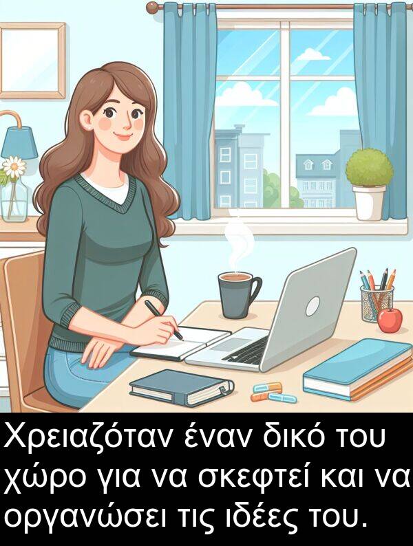 χώρο: Χρειαζόταν έναν δικό του χώρο για να σκεφτεί και να οργανώσει τις ιδέες του.