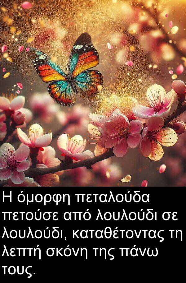σκόνη: Η όμορφη πεταλούδα πετούσε από λουλούδι σε λουλούδι, καταθέτοντας τη λεπτή σκόνη της πάνω τους.