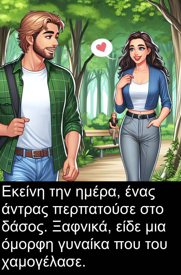 χαμογέλασε: Εκείνη την ημέρα, ένας άντρας περπατούσε στο δάσος. Ξαφνικά, είδε μια όμορφη γυναίκα που του χαμογέλασε.