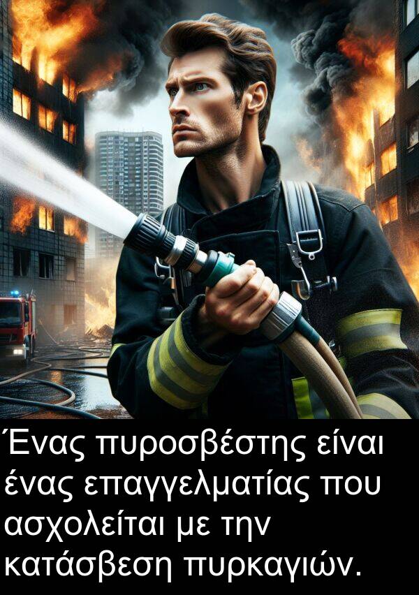 ασχολείται: Ένας πυροσβέστης είναι ένας επαγγελματίας που ασχολείται με την κατάσβεση πυρκαγιών.