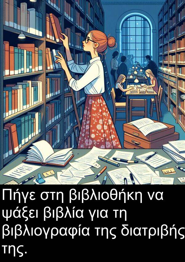 διατριβής: Πήγε στη βιβλιοθήκη να ψάξει βιβλία για τη βιβλιογραφία της διατριβής της.