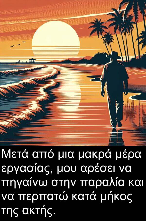 μακρά: Μετά από μια μακρά μέρα εργασίας, μου αρέσει να πηγαίνω στην παραλία και να περπατώ κατά μήκος της ακτής.