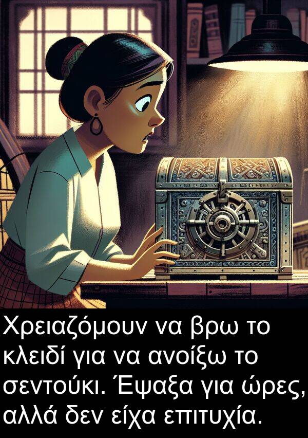 επιτυχία: Χρειαζόμουν να βρω το κλειδί για να ανοίξω το σεντούκι. Έψαξα για ώρες, αλλά δεν είχα επιτυχία.
