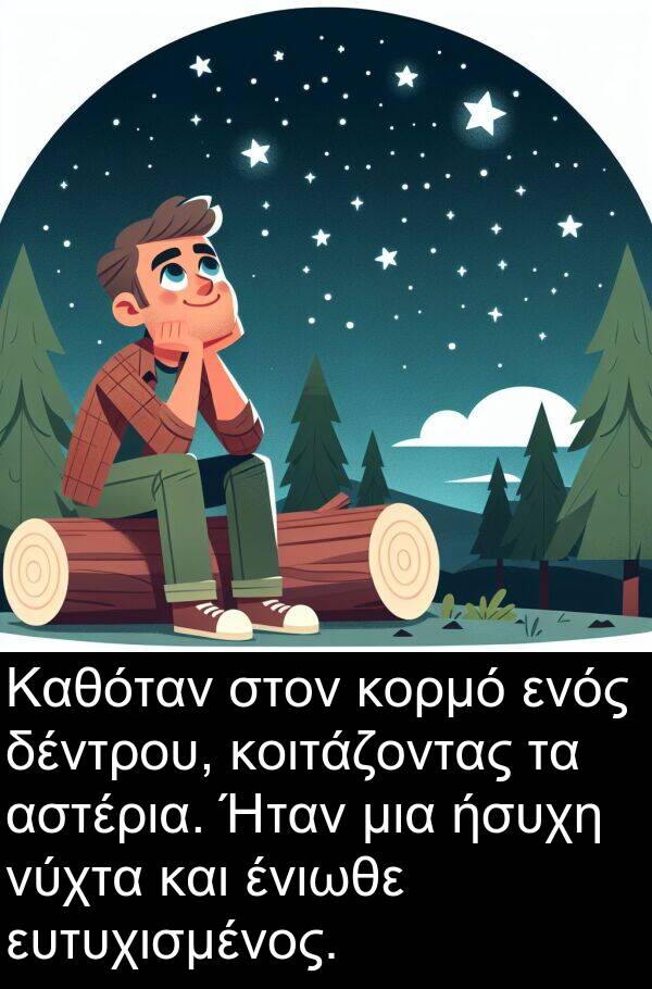 ήσυχη: Καθόταν στον κορμό ενός δέντρου, κοιτάζοντας τα αστέρια. Ήταν μια ήσυχη νύχτα και ένιωθε ευτυχισμένος.