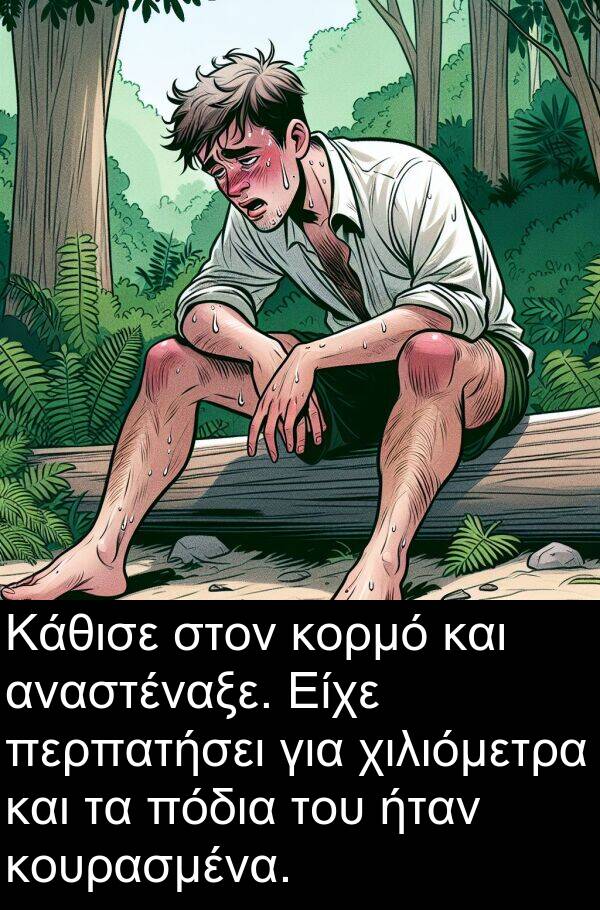 αναστέναξε: Κάθισε στον κορμό και αναστέναξε. Είχε περπατήσει για χιλιόμετρα και τα πόδια του ήταν κουρασμένα.