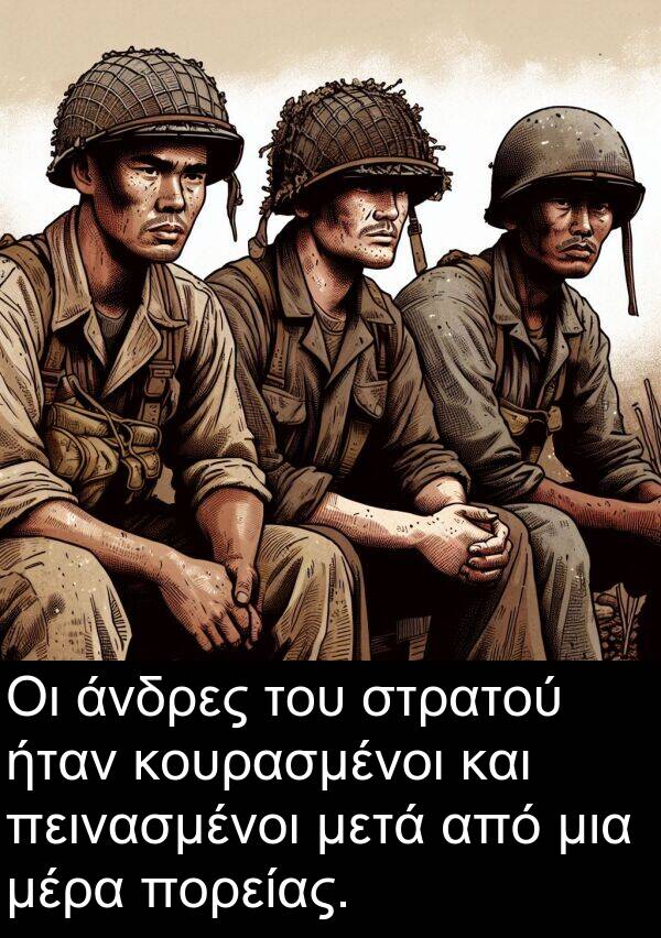 στρατού: Οι άνδρες του στρατού ήταν κουρασμένοι και πεινασμένοι μετά από μια μέρα πορείας.