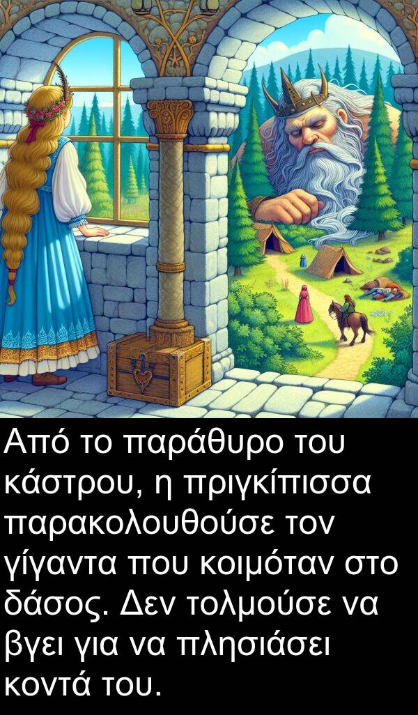 τολμούσε: Από το παράθυρο του κάστρου, η πριγκίπισσα παρακολουθούσε τον γίγαντα που κοιμόταν στο δάσος. Δεν τολμούσε να βγει για να πλησιάσει κοντά του.