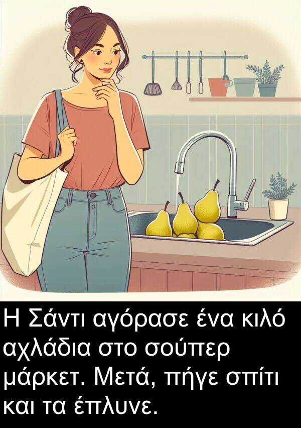 έπλυνε: Η Σάντι αγόρασε ένα κιλό αχλάδια στο σούπερ μάρκετ. Μετά, πήγε σπίτι και τα έπλυνε.