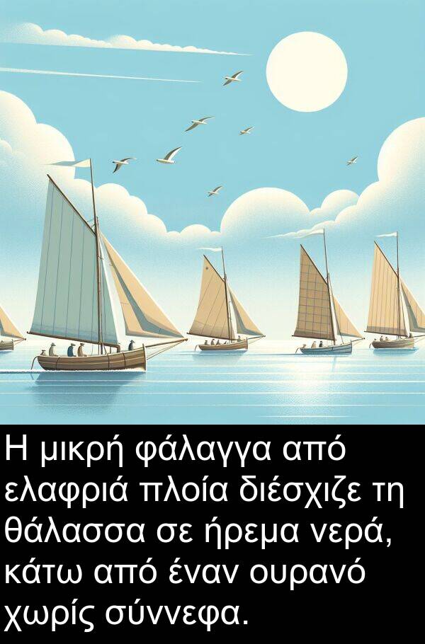 φάλαγγα: Η μικρή φάλαγγα από ελαφριά πλοία διέσχιζε τη θάλασσα σε ήρεμα νερά, κάτω από έναν ουρανό χωρίς σύννεφα.