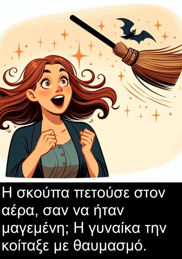 θαυμασμό: Η σκούπα πετούσε στον αέρα, σαν να ήταν μαγεμένη; Η γυναίκα την κοίταξε με θαυμασμό.