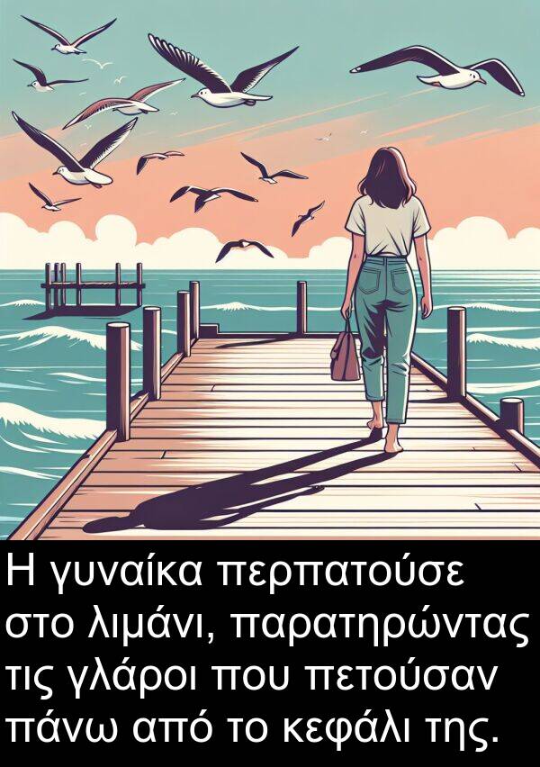 γυναίκα: Η γυναίκα περπατούσε στο λιμάνι, παρατηρώντας τις γλάροι που πετούσαν πάνω από το κεφάλι της.