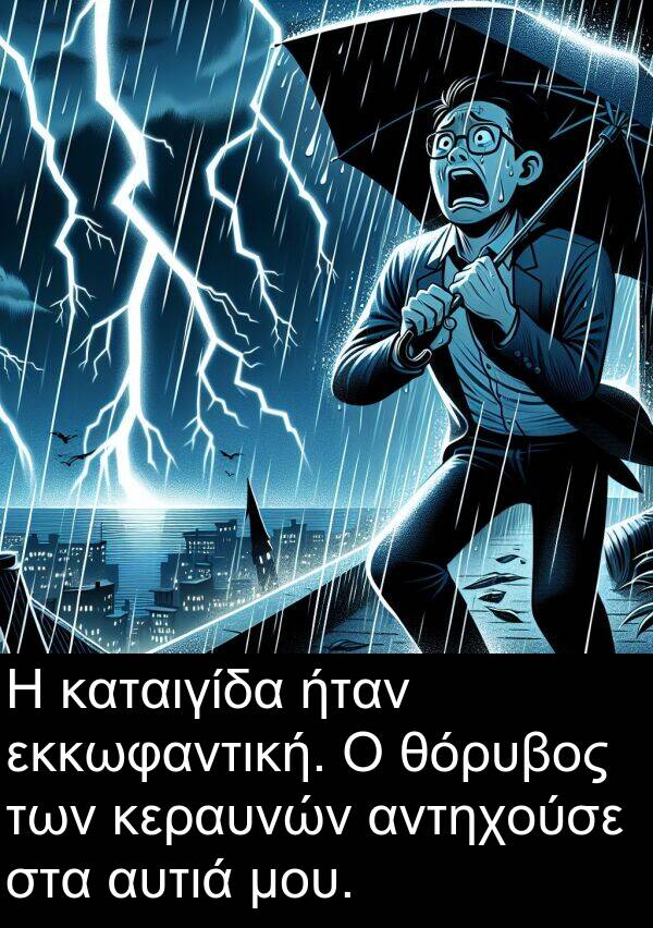 αντηχούσε: Η καταιγίδα ήταν εκκωφαντική. Ο θόρυβος των κεραυνών αντηχούσε στα αυτιά μου.