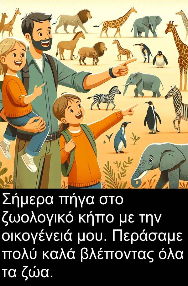 οικογένειά: Σήμερα πήγα στο ζωολογικό κήπο με την οικογένειά μου. Περάσαμε πολύ καλά βλέποντας όλα τα ζώα.