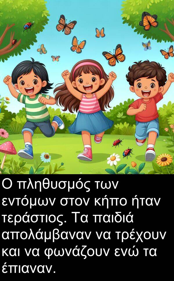 έπιαναν: Ο πληθυσμός των εντόμων στον κήπο ήταν τεράστιος. Τα παιδιά απολάμβαναν να τρέχουν και να φωνάζουν ενώ τα έπιαναν.