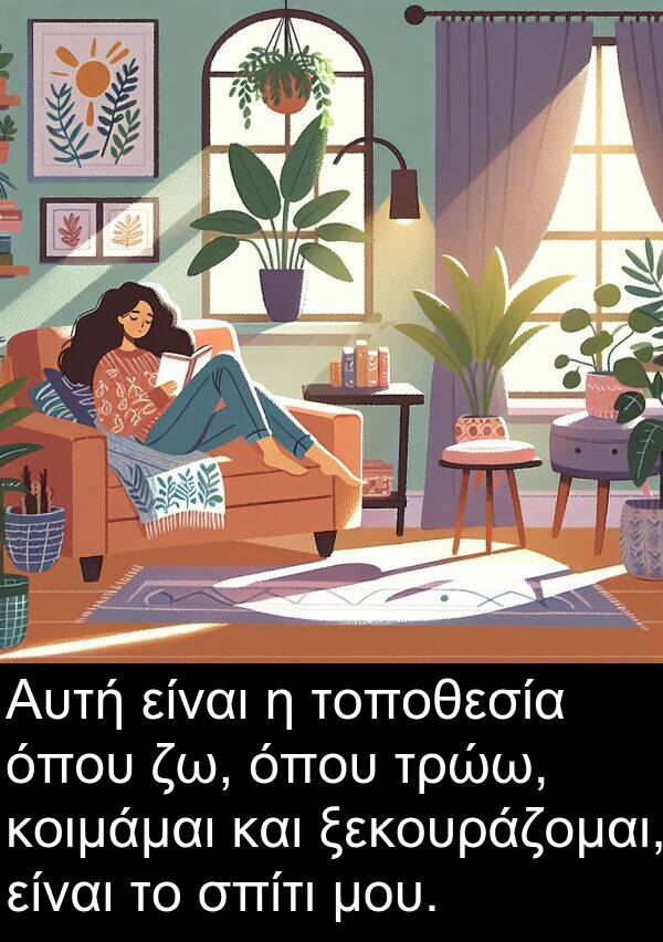 ζω: Αυτή είναι η τοποθεσία όπου ζω, όπου τρώω, κοιμάμαι και ξεκουράζομαι, είναι το σπίτι μου.