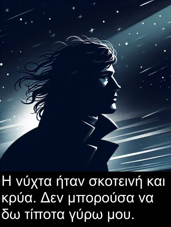 γύρω: Η νύχτα ήταν σκοτεινή και κρύα. Δεν μπορούσα να δω τίποτα γύρω μου.