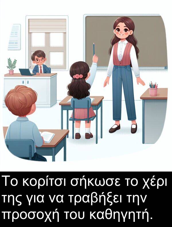 καθηγητή: Το κορίτσι σήκωσε το χέρι της για να τραβήξει την προσοχή του καθηγητή.