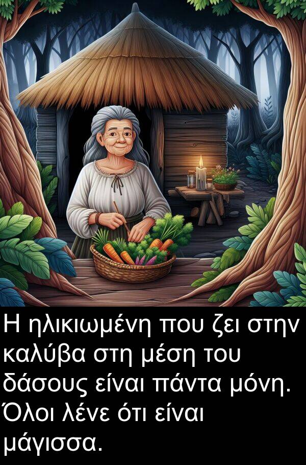 ηλικιωμένη: Η ηλικιωμένη που ζει στην καλύβα στη μέση του δάσους είναι πάντα μόνη. Όλοι λένε ότι είναι μάγισσα.