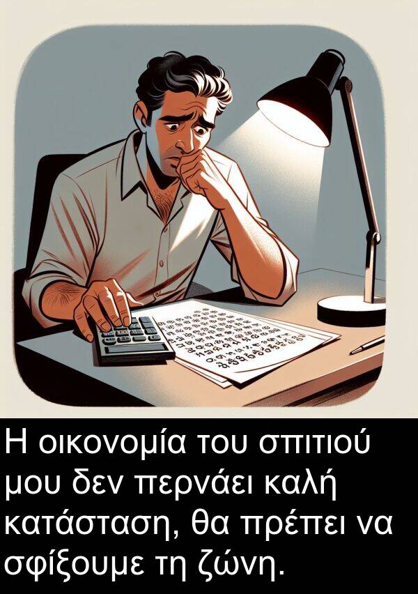 οικονομία: Η οικονομία του σπιτιού μου δεν περνάει καλή κατάσταση, θα πρέπει να σφίξουμε τη ζώνη.