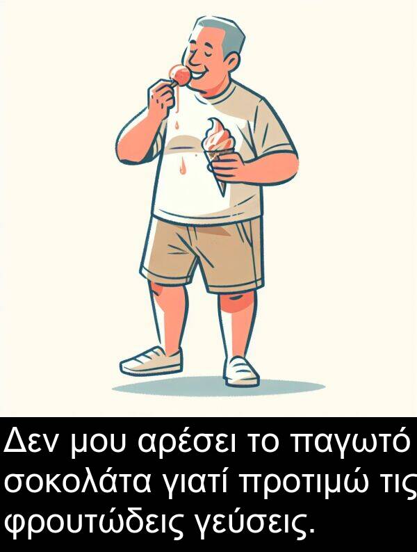 σοκολάτα: Δεν μου αρέσει το παγωτό σοκολάτα γιατί προτιμώ τις φρουτώδεις γεύσεις.
