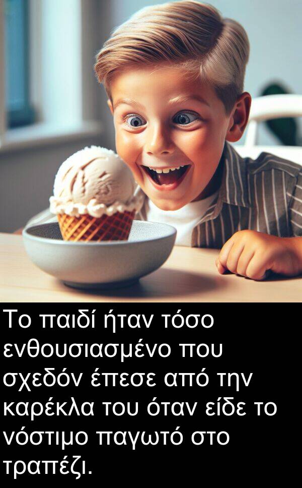 ενθουσιασμένο: Το παιδί ήταν τόσο ενθουσιασμένο που σχεδόν έπεσε από την καρέκλα του όταν είδε το νόστιμο παγωτό στο τραπέζι.