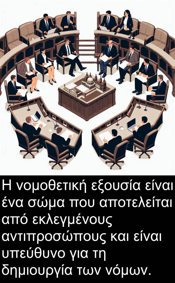εκλεγμένους: Η νομοθετική εξουσία είναι ένα σώμα που αποτελείται από εκλεγμένους αντιπροσώπους και είναι υπεύθυνο για τη δημιουργία των νόμων.