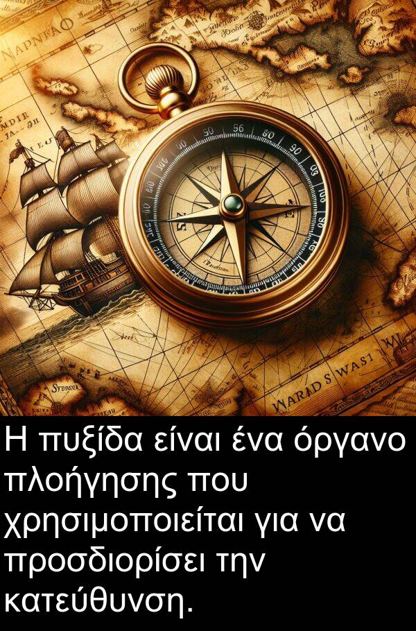 χρησιμοποιείται: Η πυξίδα είναι ένα όργανο πλοήγησης που χρησιμοποιείται για να προσδιορίσει την κατεύθυνση.