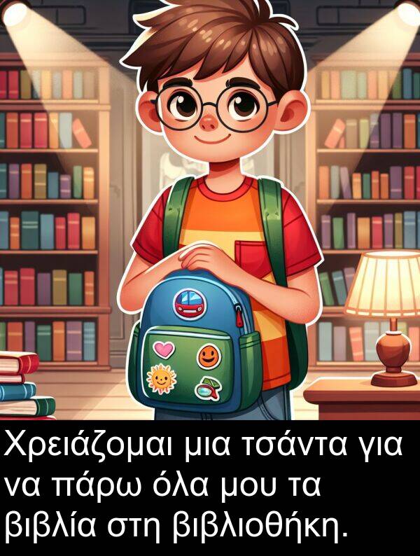 όλα: Χρειάζομαι μια τσάντα για να πάρω όλα μου τα βιβλία στη βιβλιοθήκη.
