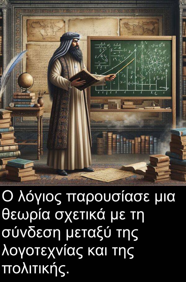 μεταξύ: Ο λόγιος παρουσίασε μια θεωρία σχετικά με τη σύνδεση μεταξύ της λογοτεχνίας και της πολιτικής.