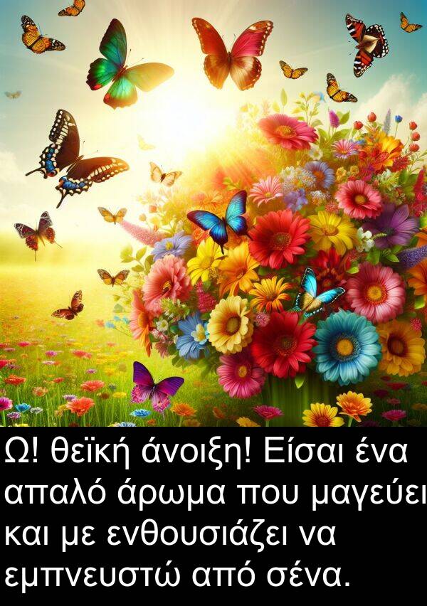 θεϊκή: Ω! θεϊκή άνοιξη! Είσαι ένα απαλό άρωμα που μαγεύει και με ενθουσιάζει να εμπνευστώ από σένα.
