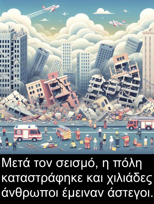 σεισμό: Μετά τον σεισμό, η πόλη καταστράφηκε και χιλιάδες άνθρωποι έμειναν άστεγοι.