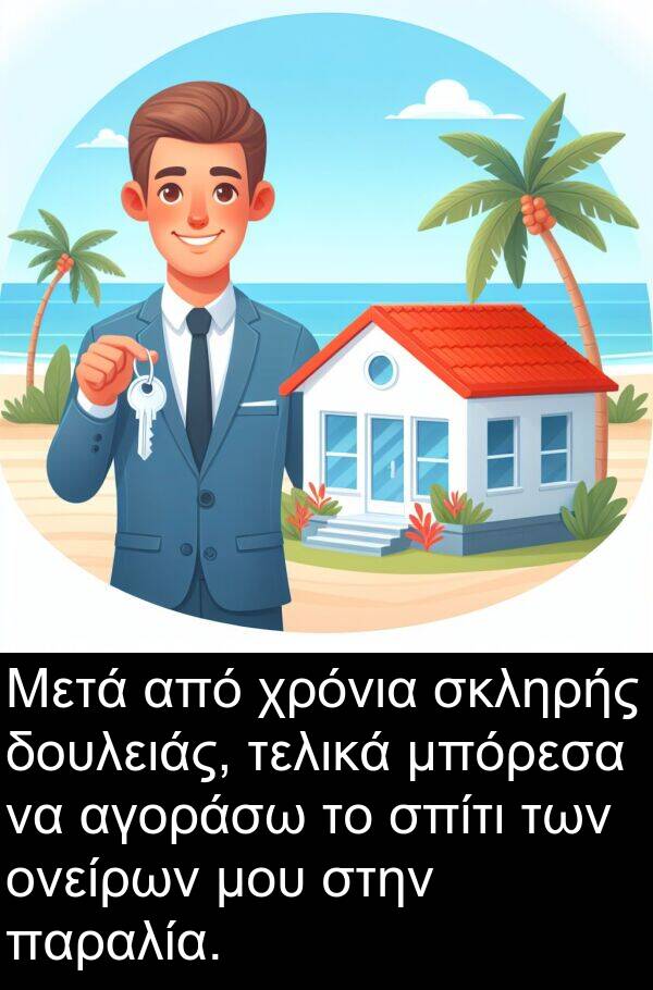 δουλειάς: Μετά από χρόνια σκληρής δουλειάς, τελικά μπόρεσα να αγοράσω το σπίτι των ονείρων μου στην παραλία.