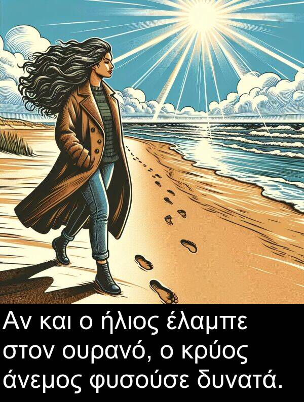 ήλιος: Αν και ο ήλιος έλαμπε στον ουρανό, ο κρύος άνεμος φυσούσε δυνατά.