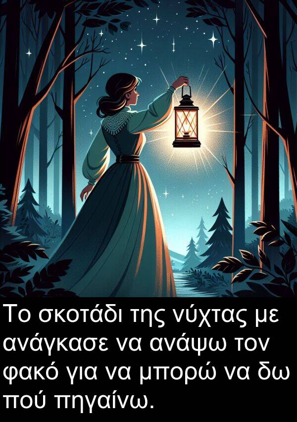 φακό: Το σκοτάδι της νύχτας με ανάγκασε να ανάψω τον φακό για να μπορώ να δω πού πηγαίνω.