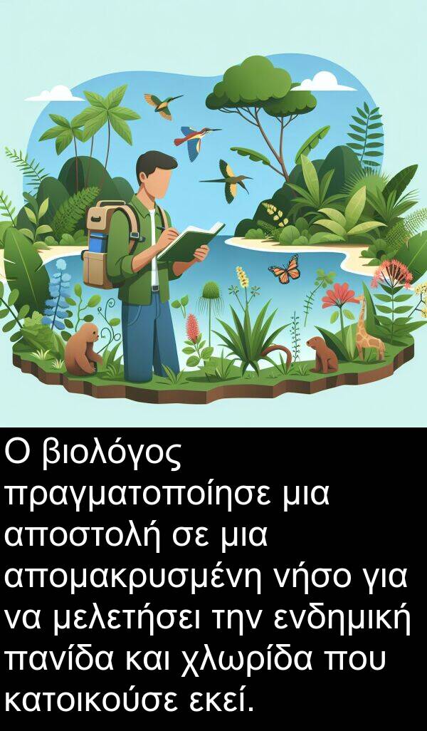 εκεί: Ο βιολόγος πραγματοποίησε μια αποστολή σε μια απομακρυσμένη νήσο για να μελετήσει την ενδημική πανίδα και χλωρίδα που κατοικούσε εκεί.