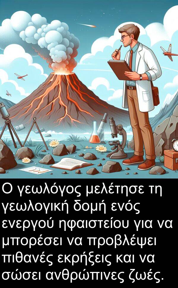 ενεργού: Ο γεωλόγος μελέτησε τη γεωλογική δομή ενός ενεργού ηφαιστείου για να μπορέσει να προβλέψει πιθανές εκρήξεις και να σώσει ανθρώπινες ζωές.