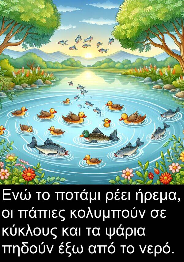 ήρεμα: Ενώ το ποτάμι ρέει ήρεμα, οι πάπιες κολυμπούν σε κύκλους και τα ψάρια πηδούν έξω από το νερό.
