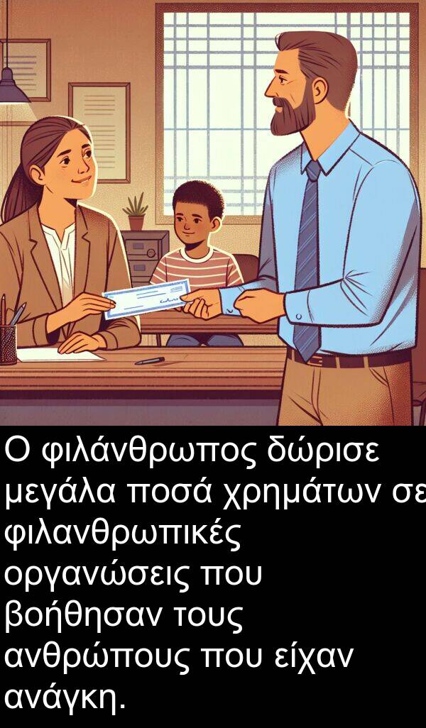 φιλανθρωπικές: Ο φιλάνθρωπος δώρισε μεγάλα ποσά χρημάτων σε φιλανθρωπικές οργανώσεις που βοήθησαν τους ανθρώπους που είχαν ανάγκη.