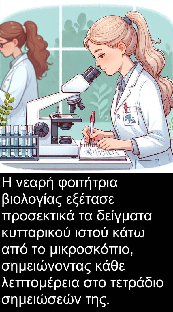 φοιτήτρια: Η νεαρή φοιτήτρια βιολογίας εξέτασε προσεκτικά τα δείγματα κυτταρικού ιστού κάτω από το μικροσκόπιο, σημειώνοντας κάθε λεπτομέρεια στο τετράδιο σημειώσεών της.
