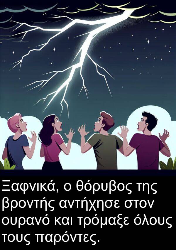 τρόμαξε: Ξαφνικά, ο θόρυβος της βροντής αντήχησε στον ουρανό και τρόμαξε όλους τους παρόντες.