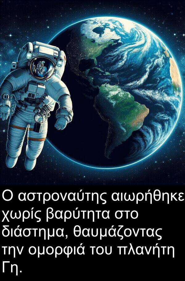 θαυμάζοντας: Ο αστροναύτης αιωρήθηκε χωρίς βαρύτητα στο διάστημα, θαυμάζοντας την ομορφιά του πλανήτη Γη.