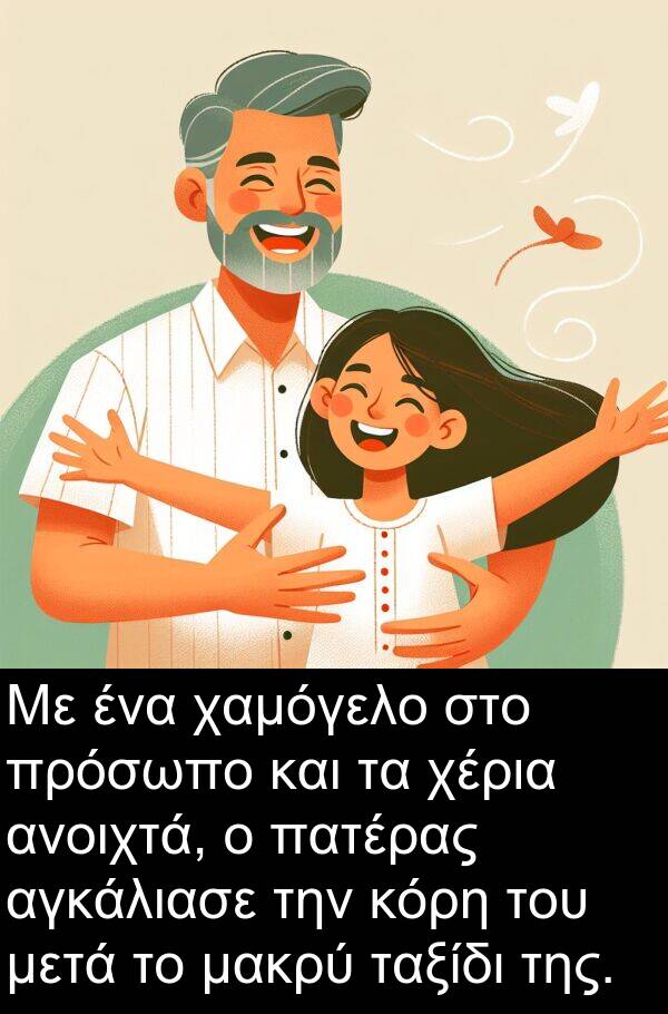 μακρύ: Με ένα χαμόγελο στο πρόσωπο και τα χέρια ανοιχτά, ο πατέρας αγκάλιασε την κόρη του μετά το μακρύ ταξίδι της.
