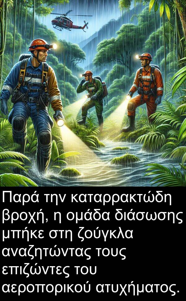 επιζώντες: Παρά την καταρρακτώδη βροχή, η ομάδα διάσωσης μπήκε στη ζούγκλα αναζητώντας τους επιζώντες του αεροπορικού ατυχήματος.