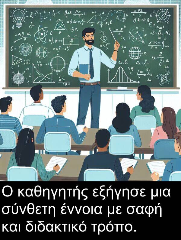 σαφή: Ο καθηγητής εξήγησε μια σύνθετη έννοια με σαφή και διδακτικό τρόπο.