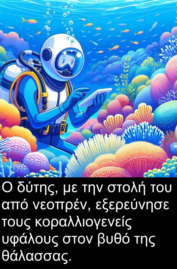 θάλασσας: Ο δύτης, με την στολή του από νεοπρέν, εξερεύνησε τους κοραλλιογενείς υφάλους στον βυθό της θάλασσας.