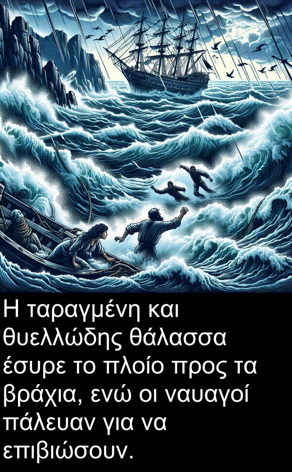 θάλασσα: Η ταραγμένη και θυελλώδης θάλασσα έσυρε το πλοίο προς τα βράχια, ενώ οι ναυαγοί πάλευαν για να επιβιώσουν.